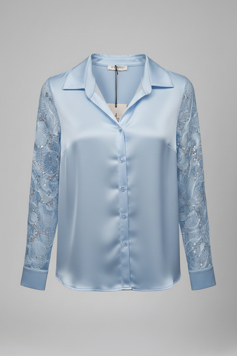 Camicia in Satin di raso con Maniche in Pizzo Rebrodé PER26103 POLVERE MARICLA 