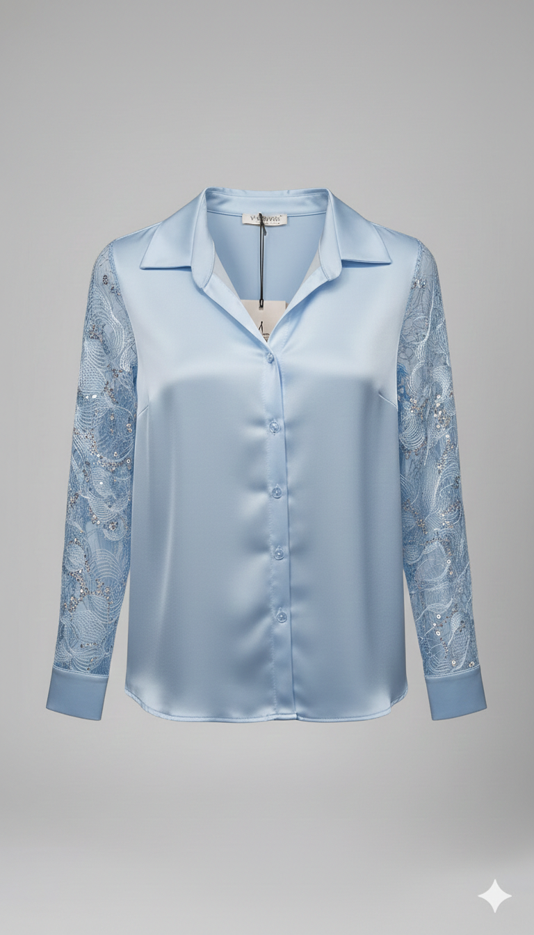 Camicia in Satin di raso con Maniche in Pizzo Rebrodé PER26103 POLVERE MARICLA 