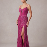 Abito con spacco con ricami e paillettes KMK709 FUCSIA MARICLA ELEGANCE 