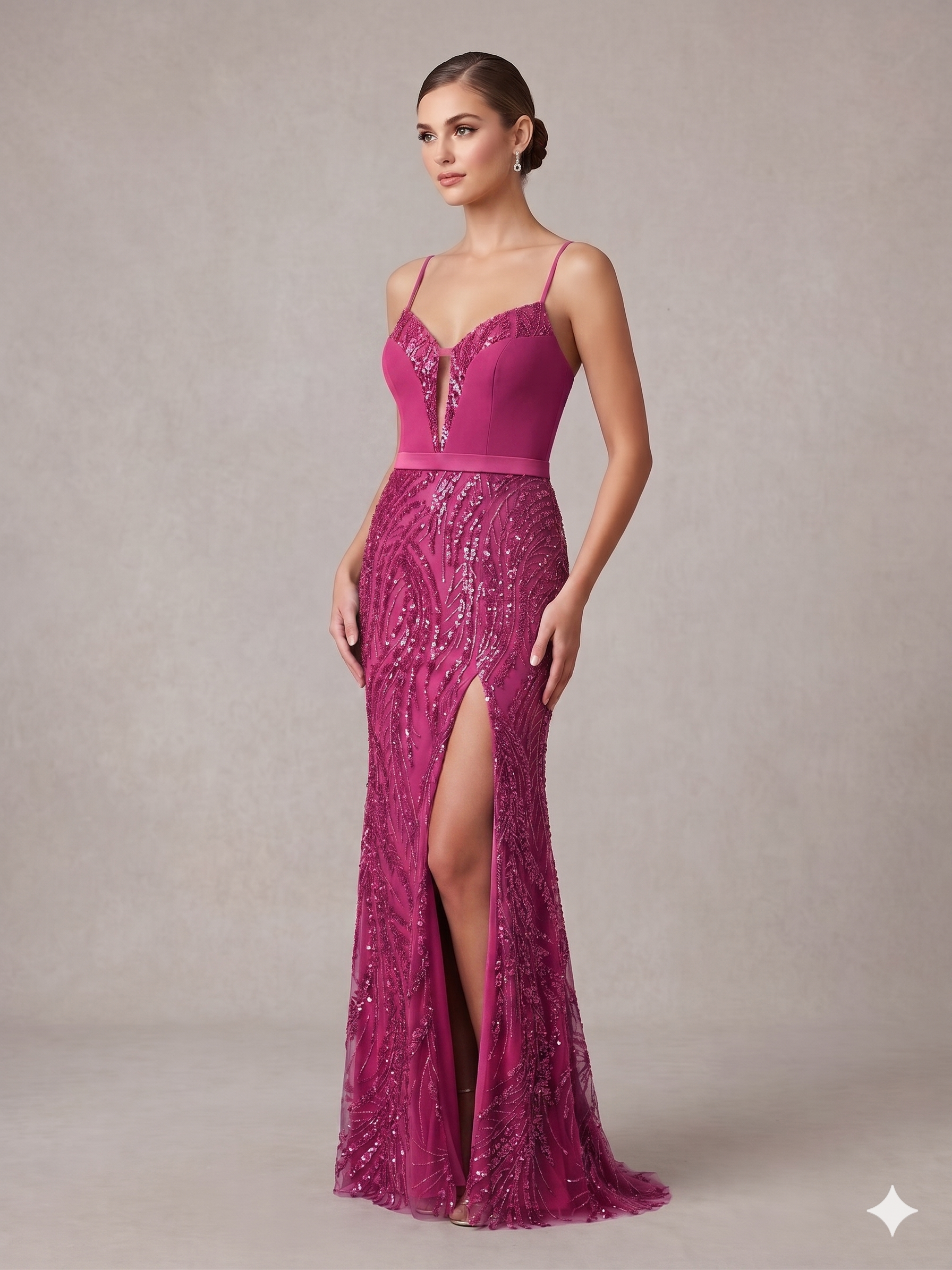 Abito con spacco con ricami e paillettes KMK709 FUCSIA MARICLA ELEGANCE 