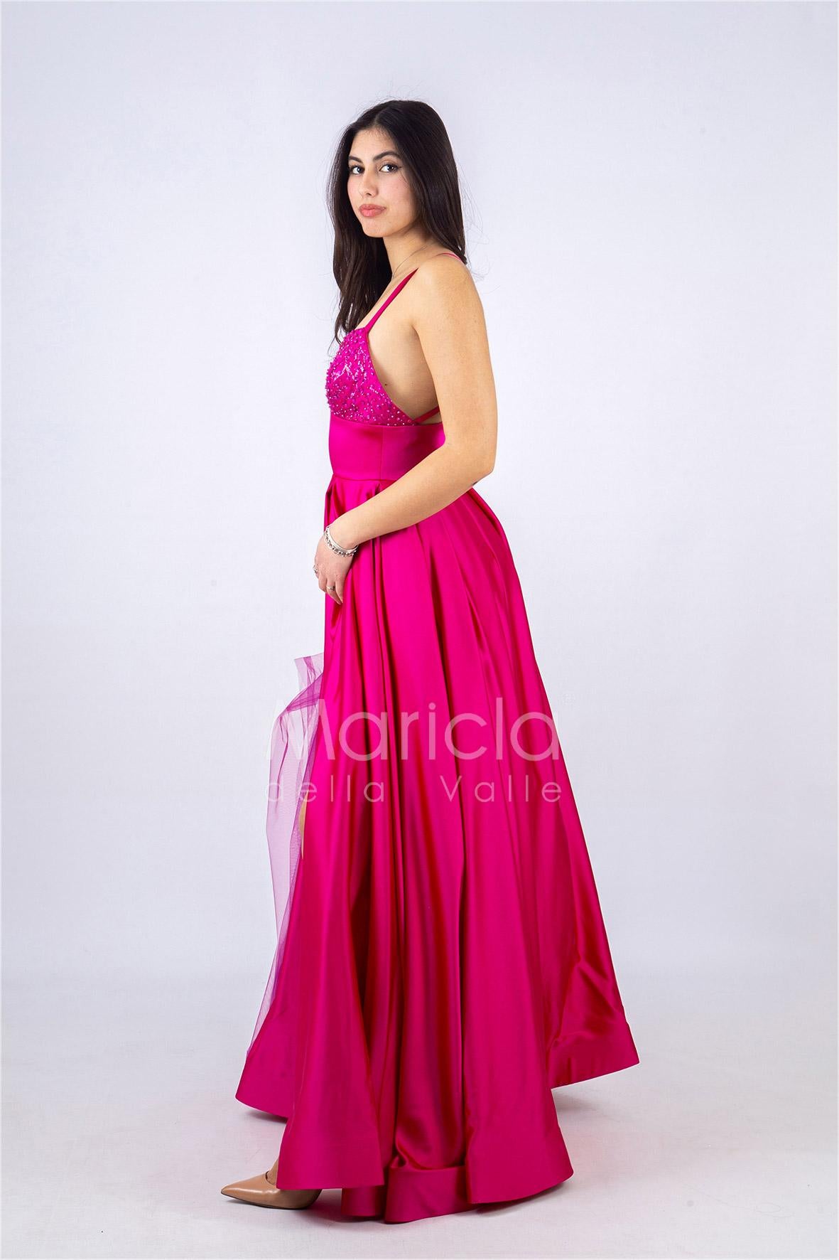abito lungo corpetto strass RG3805 FUCSIA GIGLI CERIMONIA 
