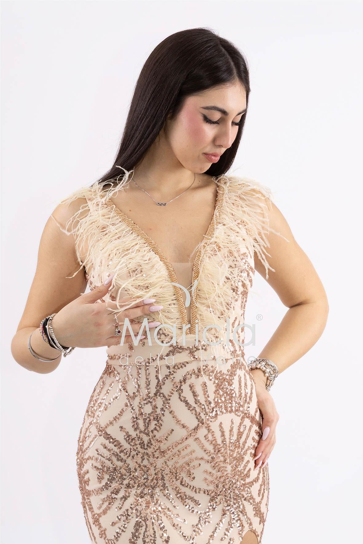 abito lungo a sirena con piume paillettes e perline FP512210 CIPRIA MARICLA ELEGANCE 