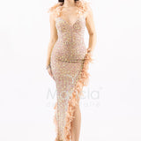 abito lungo spacco e piume SS23100 ORO MARICLA ELEGANCE 
