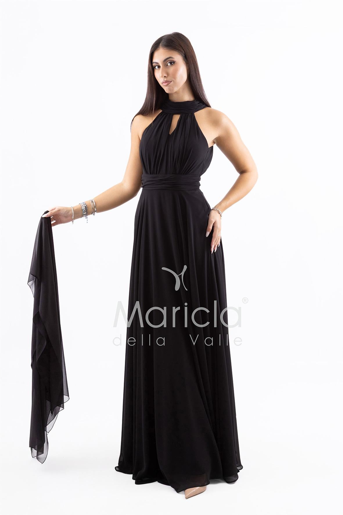 Abito lungo in chiffon con scollo americano FI7518 NERO MARICLA ELEGANCE 