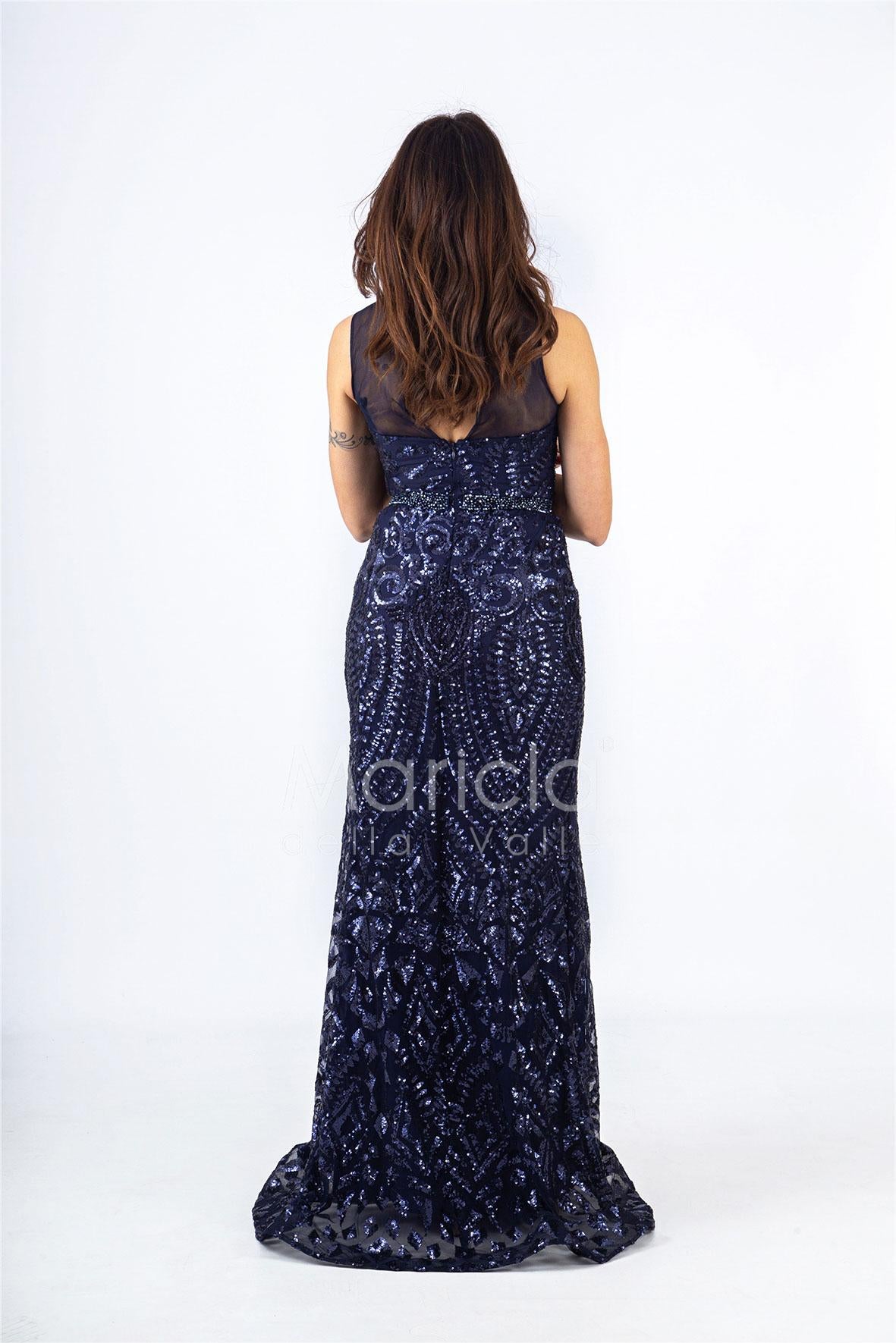 abito lungo paiette sirena RG4239 BLU GIGLI CERIMONIA 