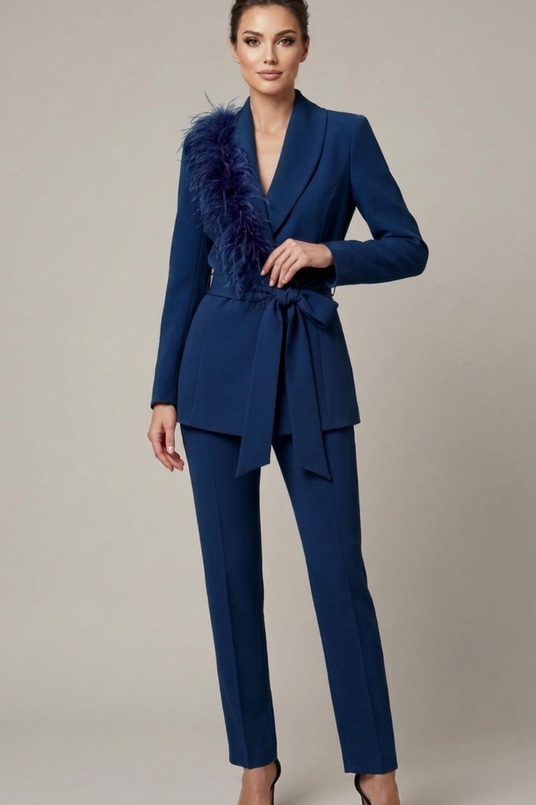 tailleur con piume bavero EC04609 BLU MARICLA 