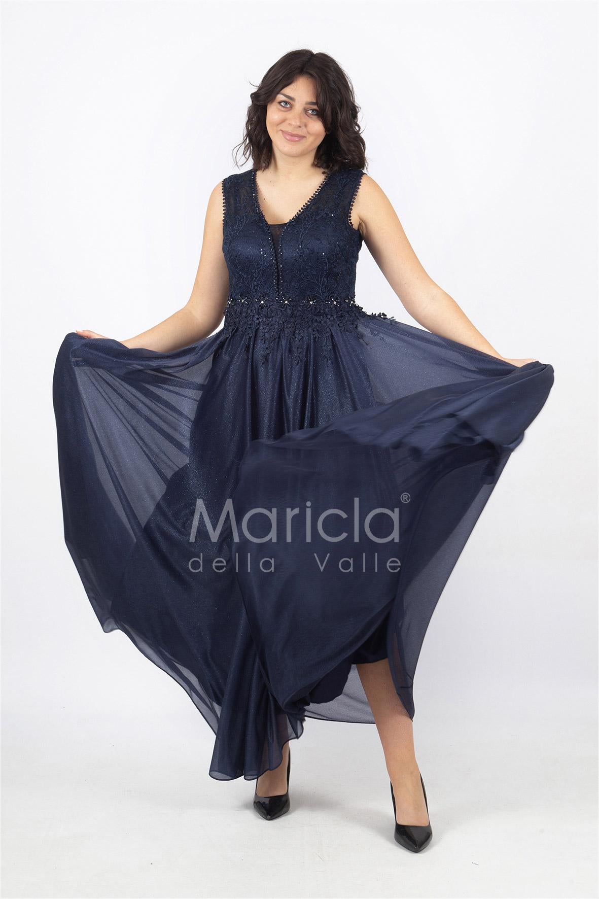 abito lungo spalla largo ricamato JC36036 BLU MARICLA ELEGANCE 