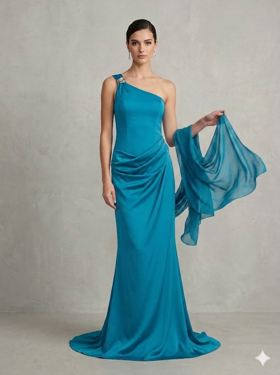 abito lungo monospalla gioiello CAR58608 PETROLIO MARICLA ELEGANCE 