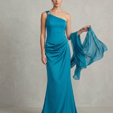 abito lungo monospalla gioiello CAR58608 PETROLIO MARICLA ELEGANCE 