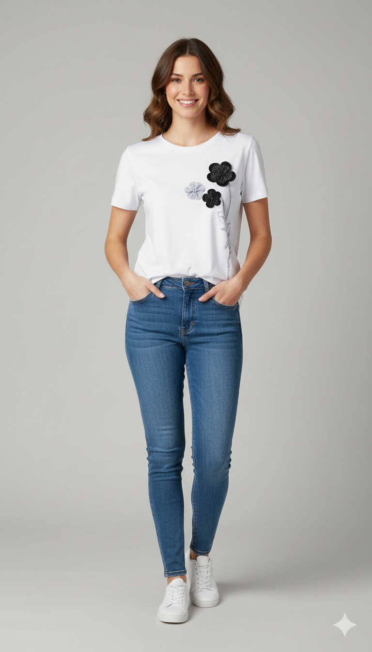 T-shirt fiore appilcato CF50102 BIANCO CARLA FERRONI 