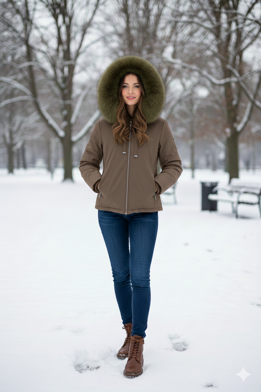 giaccone spalmato medio con cappuccio in pelliccia PH979 TABACCO PEGGY HO 