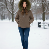 giaccone spalmato medio con cappuccio in pelliccia PH979 TABACCO PEGGY HO 