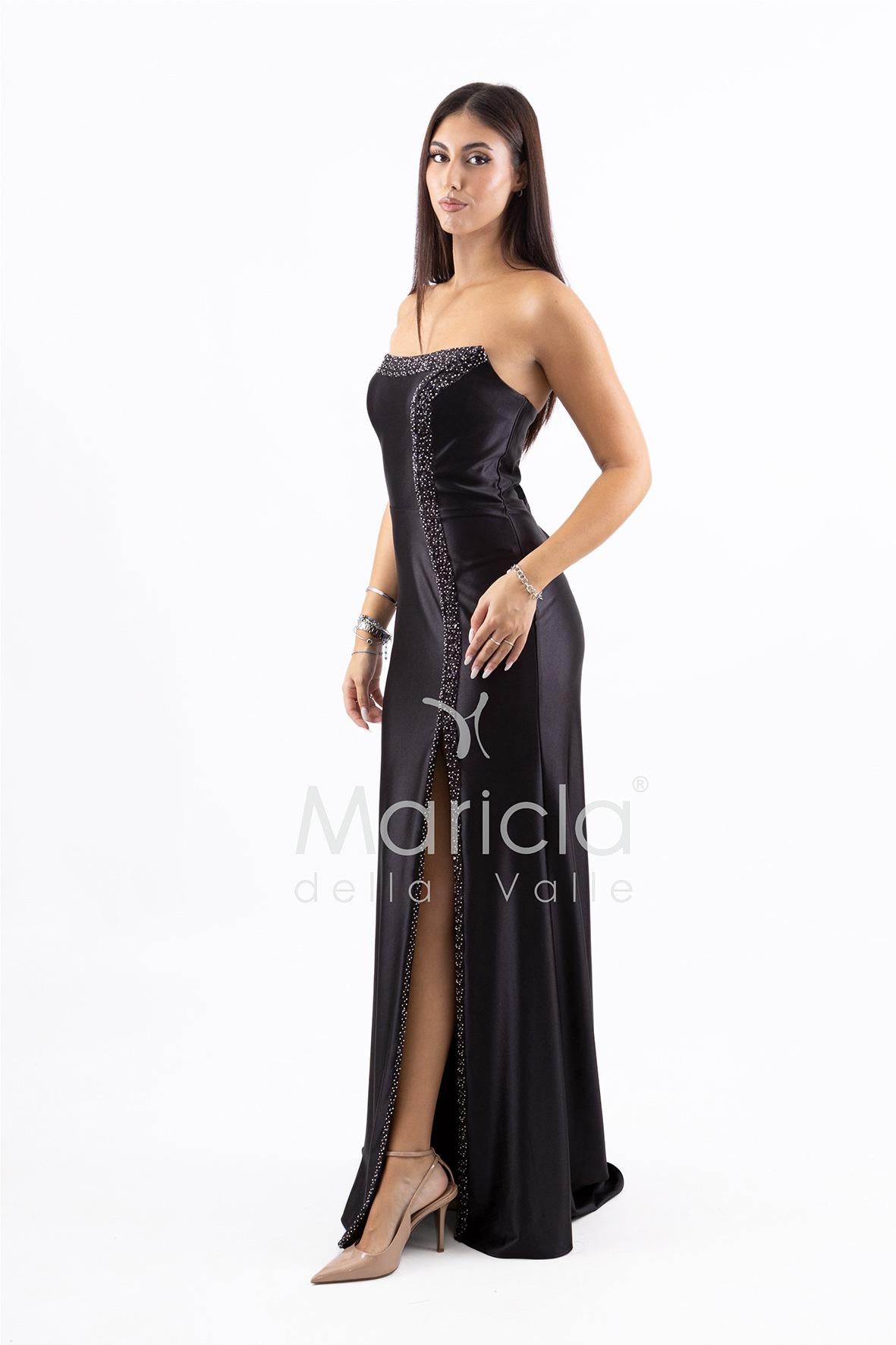 Abito a sirena lungo con spacco e strass LC35370 NERO MARICLA ELEGANCE 