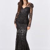 abito lungo sirena ricamato paiette FI6949 NERO MARICLA ELEGANCE 