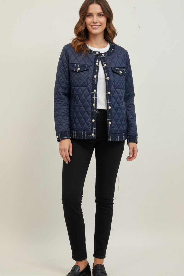 Giacca Trapuntata Navy con Profili in Tweed e Bottoni Gioiello CF22193 BLU CARLA FERRONI 