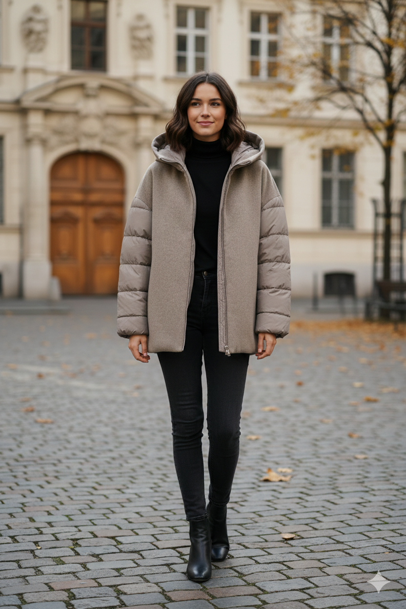 Giaccone Piumino Misto Lana Corto con Maniche Imbottite AZ88P TORTORA MARICLA 