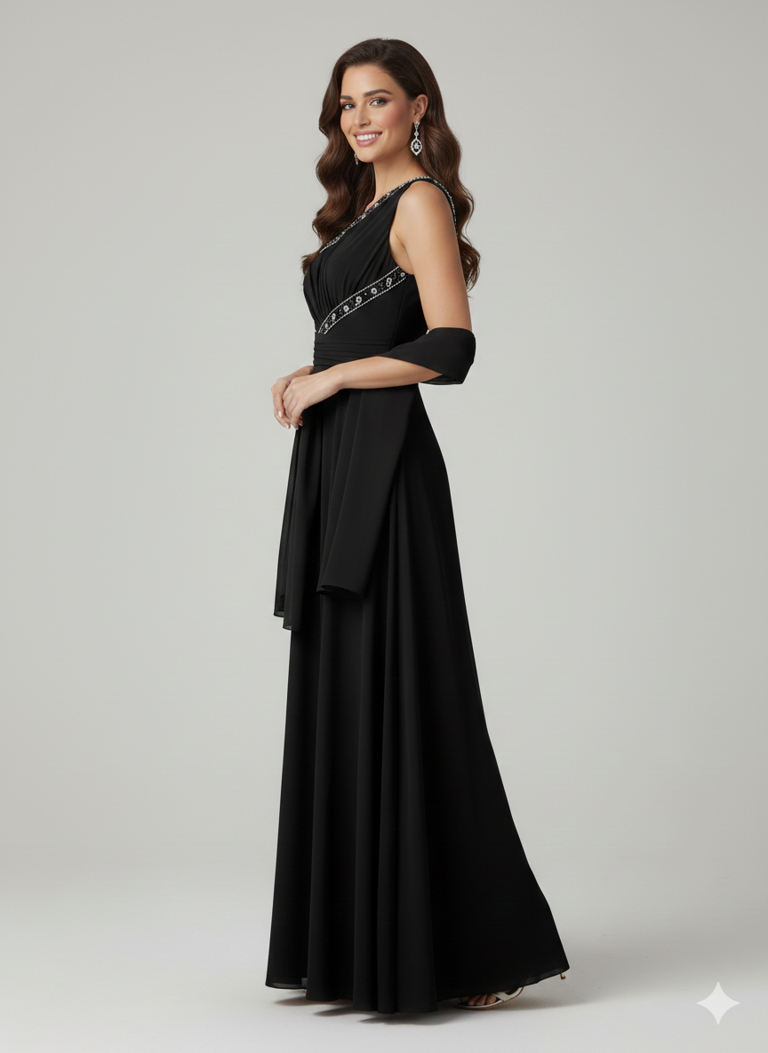 abito lungo con doppia fascia strass LH200AL NERO LUDOVICA HASSLER 