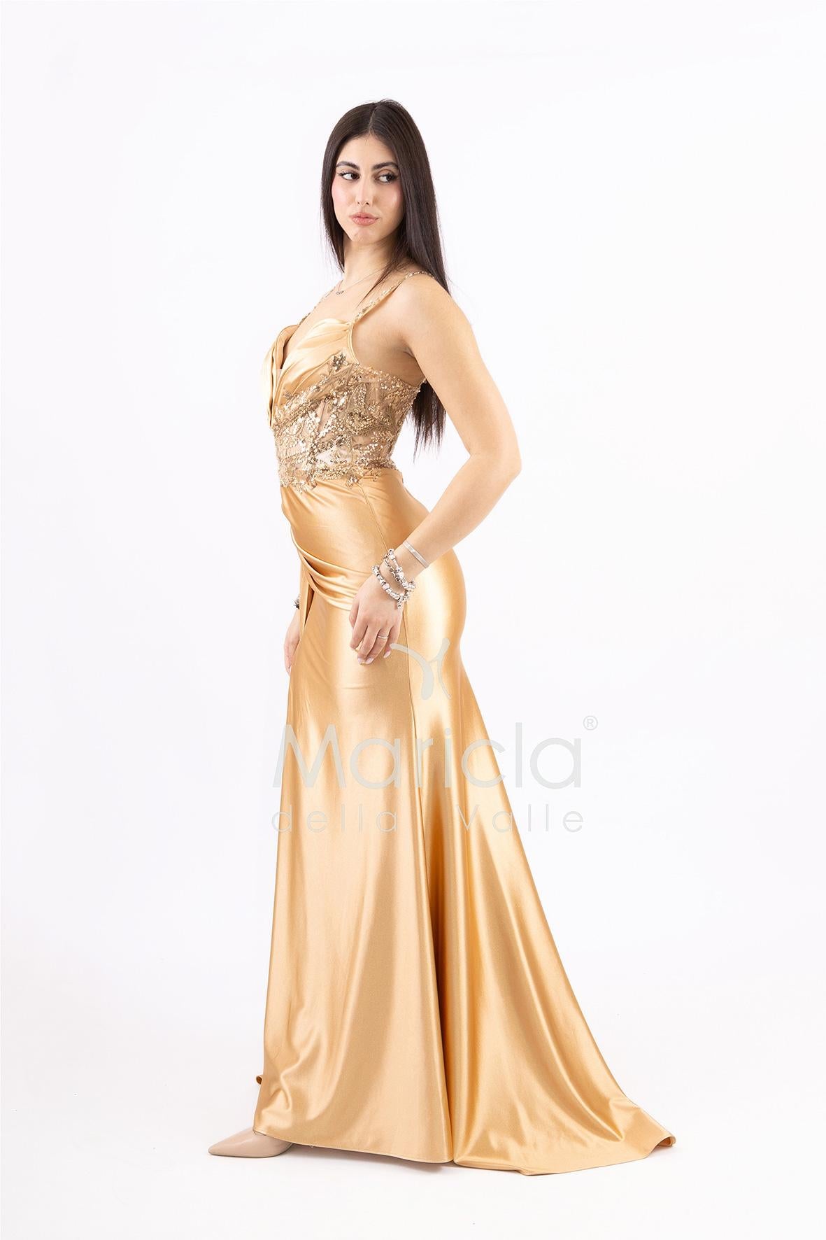 Abito lungo con pizzo ricami e perline FP826007 ORO MARICLA ELEGANCE 