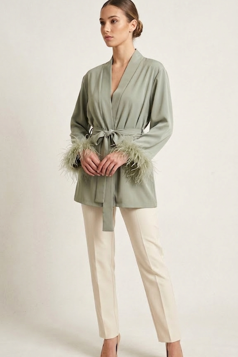 Giacca Kimono con Polsini in Piume DB11010 ORIGANO MARICLA 