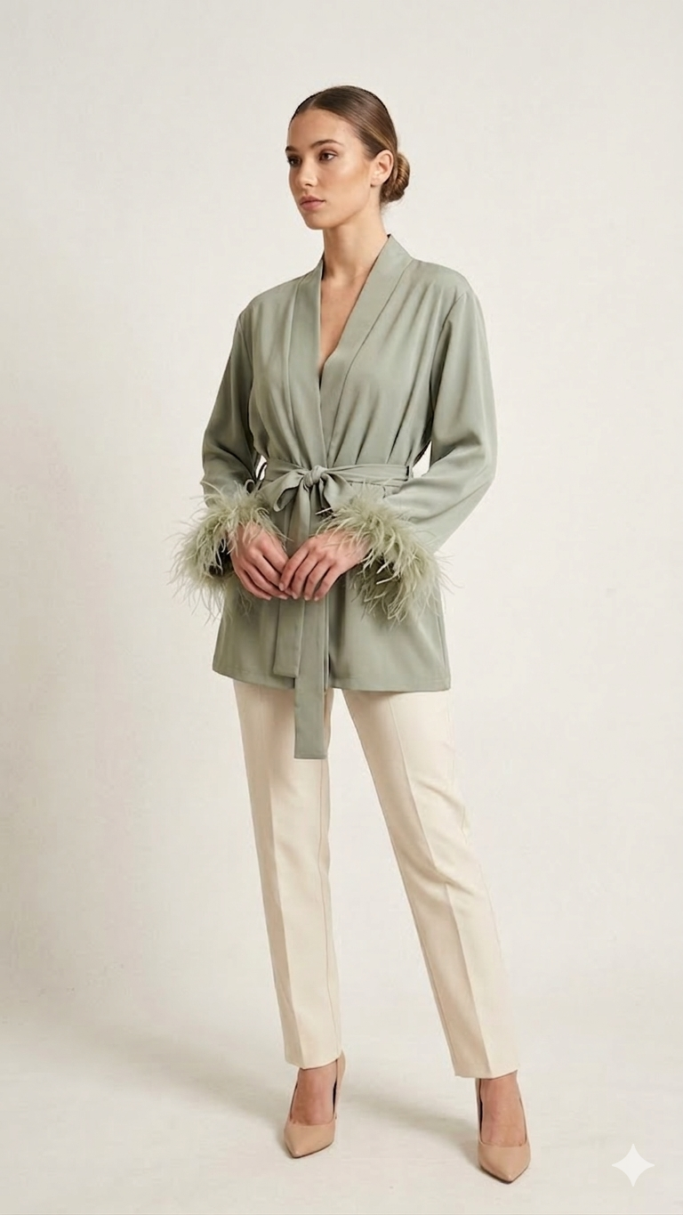 Giacca Kimono con Polsini in Piume DB11010 ORIGANO MARICLA 