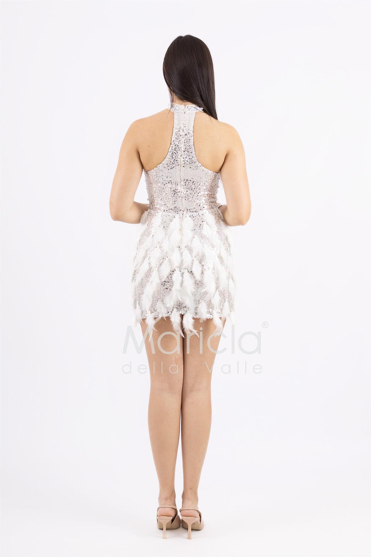Abito corto con Paillettes e Dettagli in Piume FP613327 CHAMPAGNE MARICLA ELEGANCE 
