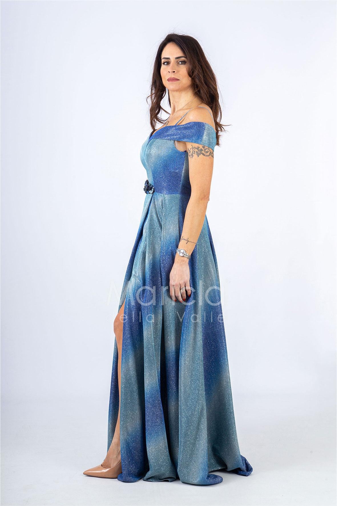 Abito lungo glitterato con scollo omerale SH117 BLU SHARON 