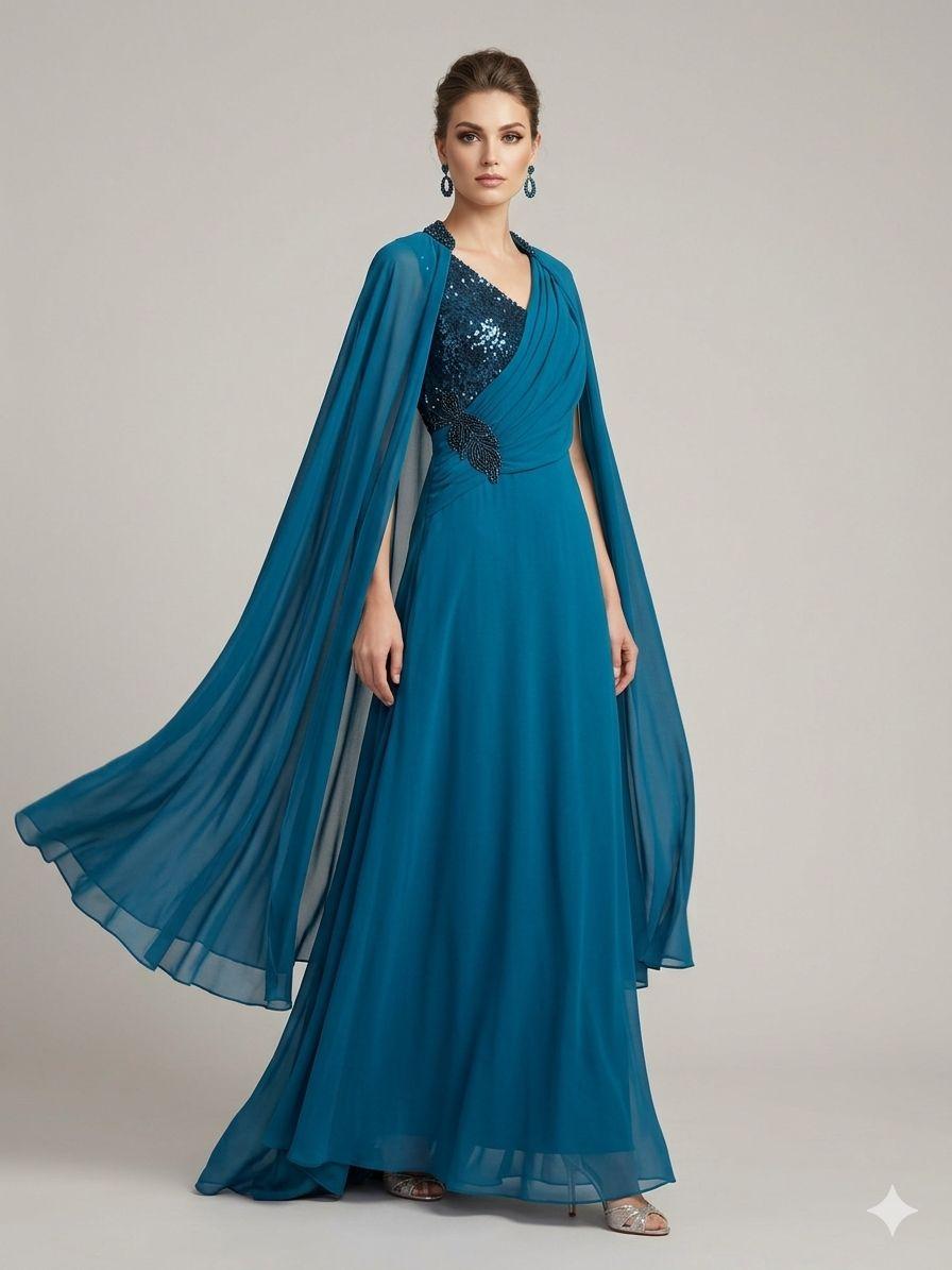 abito lungo paiette laterali e mantella KMK749 PETROLIO MARICLA ELEGANCE 