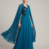 abito lungo paiette laterali e mantella KMK749 PETROLIO MARICLA ELEGANCE 