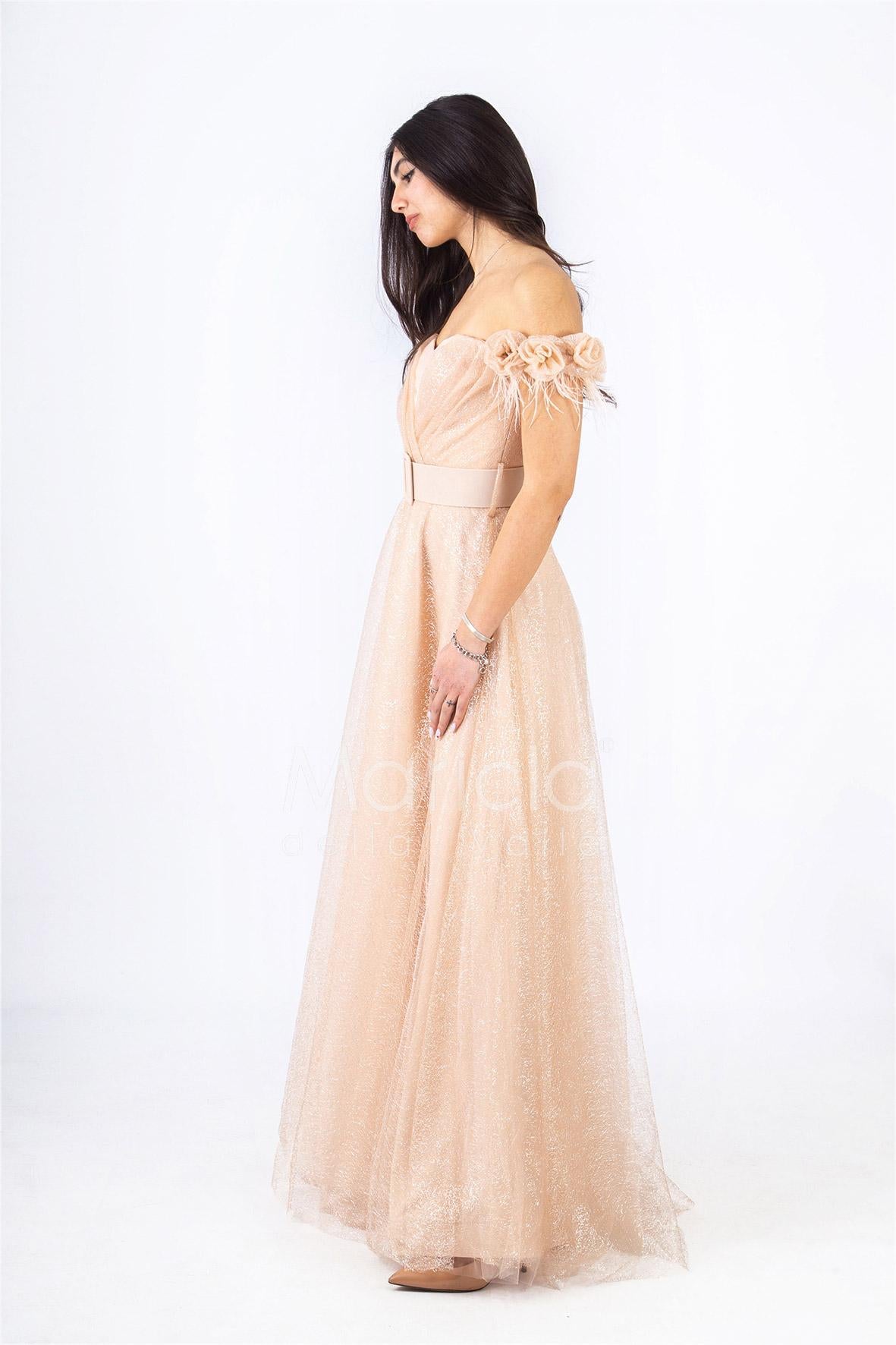 abito piume e fiori glitter JC35022 CHAMPAGNE MARICLA ELEGANCE 