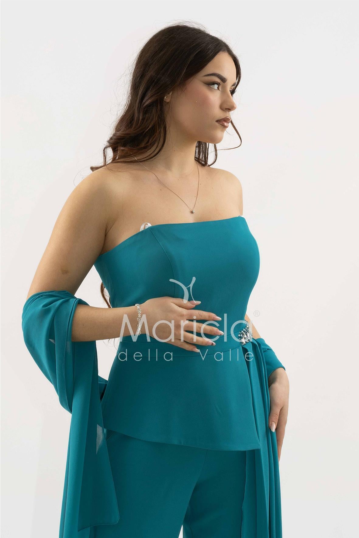 tuta con baschina e dettaglio strass SH906TU PETROLIO SHARON 