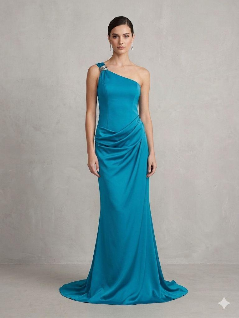 abito lungo monospalla gioiello CAR58608 PETROLIO MARICLA ELEGANCE 