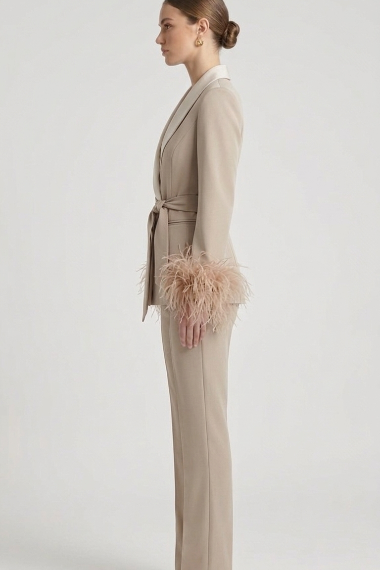 tailleur con cintura e piume EC04610 CREMA MARICLA 