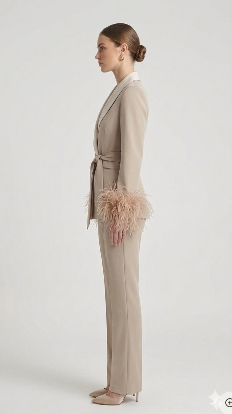 tailleur con cintura e piume EC04610 CREMA MARICLA 