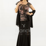abito lungo con baschina ricamata SH839AL NERO SHARON 