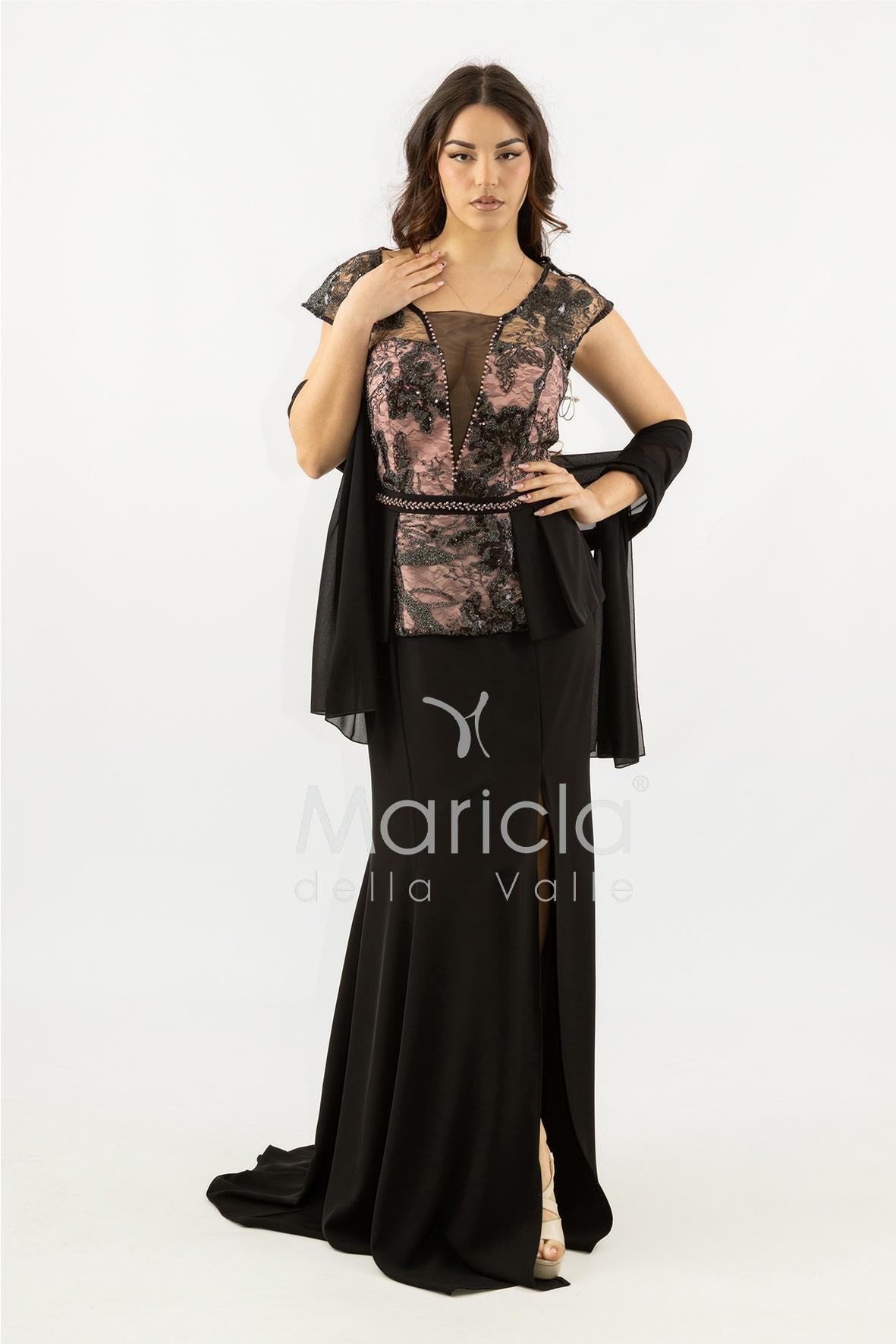 abito lungo con baschina ricamata SH839AL NERO SHARON 