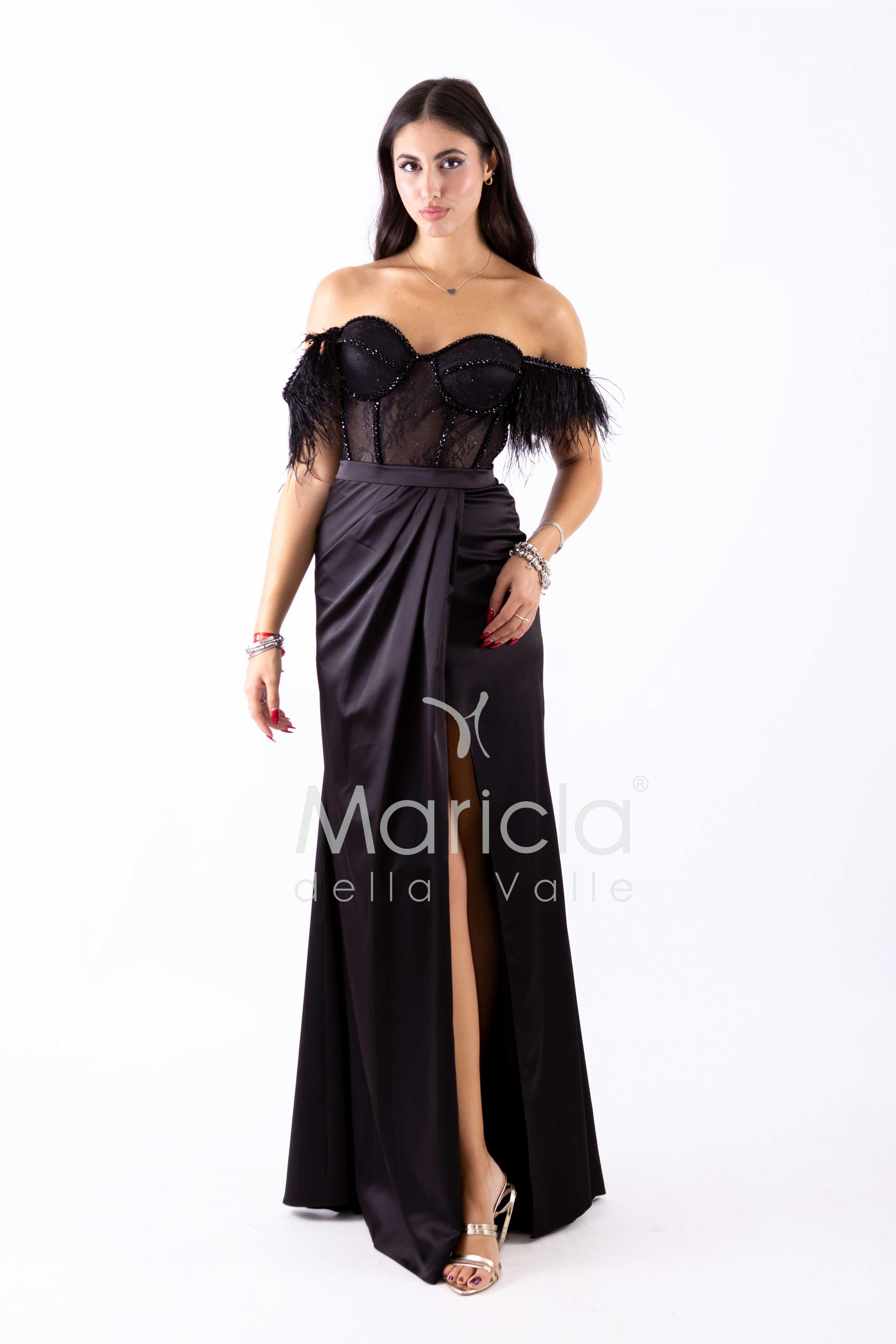 abito lungo piume corpetto ALC06 NERO MARICLA ELEGANCE 