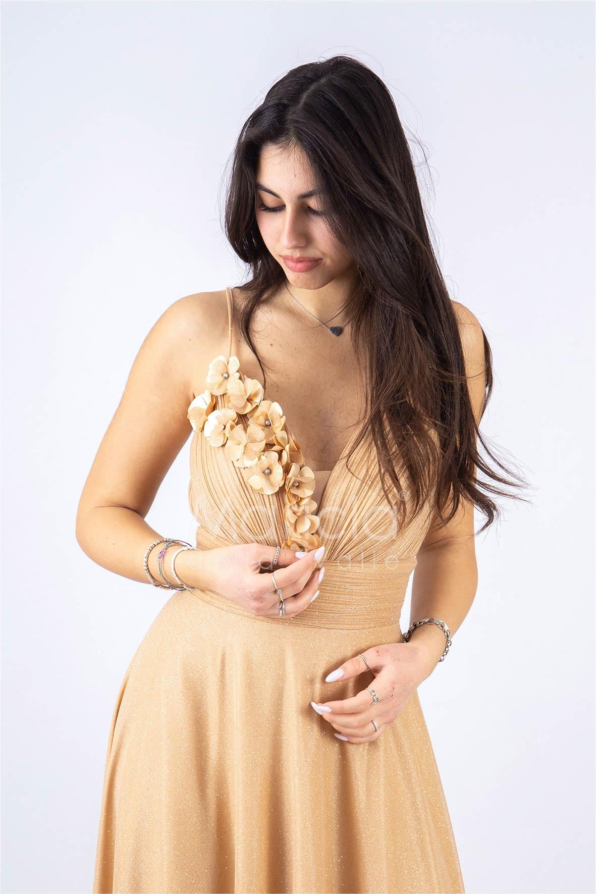 abito lungo glitterato con rose RG94PB ORO GIGLI CERIMONIA 