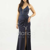abito lungo corpetto strass e nodo laterale ANT25008XJ BLU ANTILLE ELEGANCE 