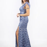 lungo ricamato con piume maniche INV2357 INDACO MARICLA ELEGANCE 
