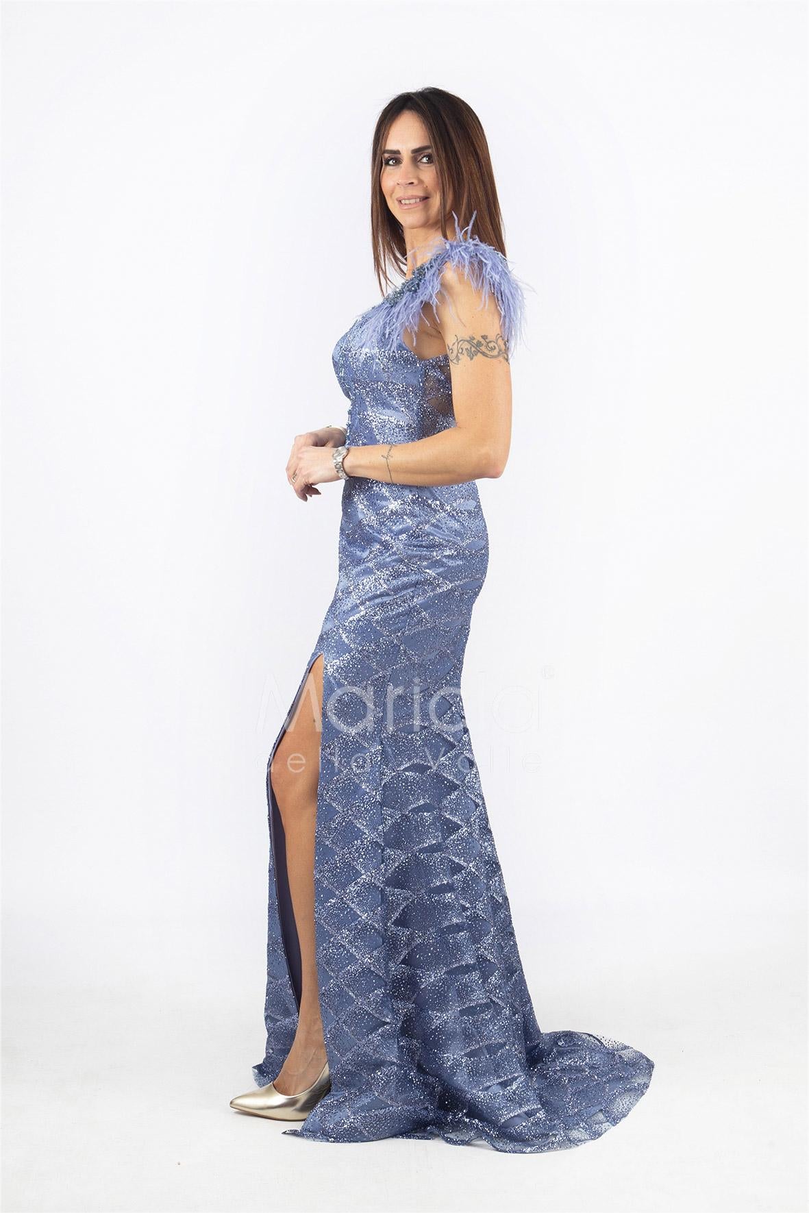 lungo ricamato con piume maniche INV2357 INDACO MARICLA ELEGANCE 