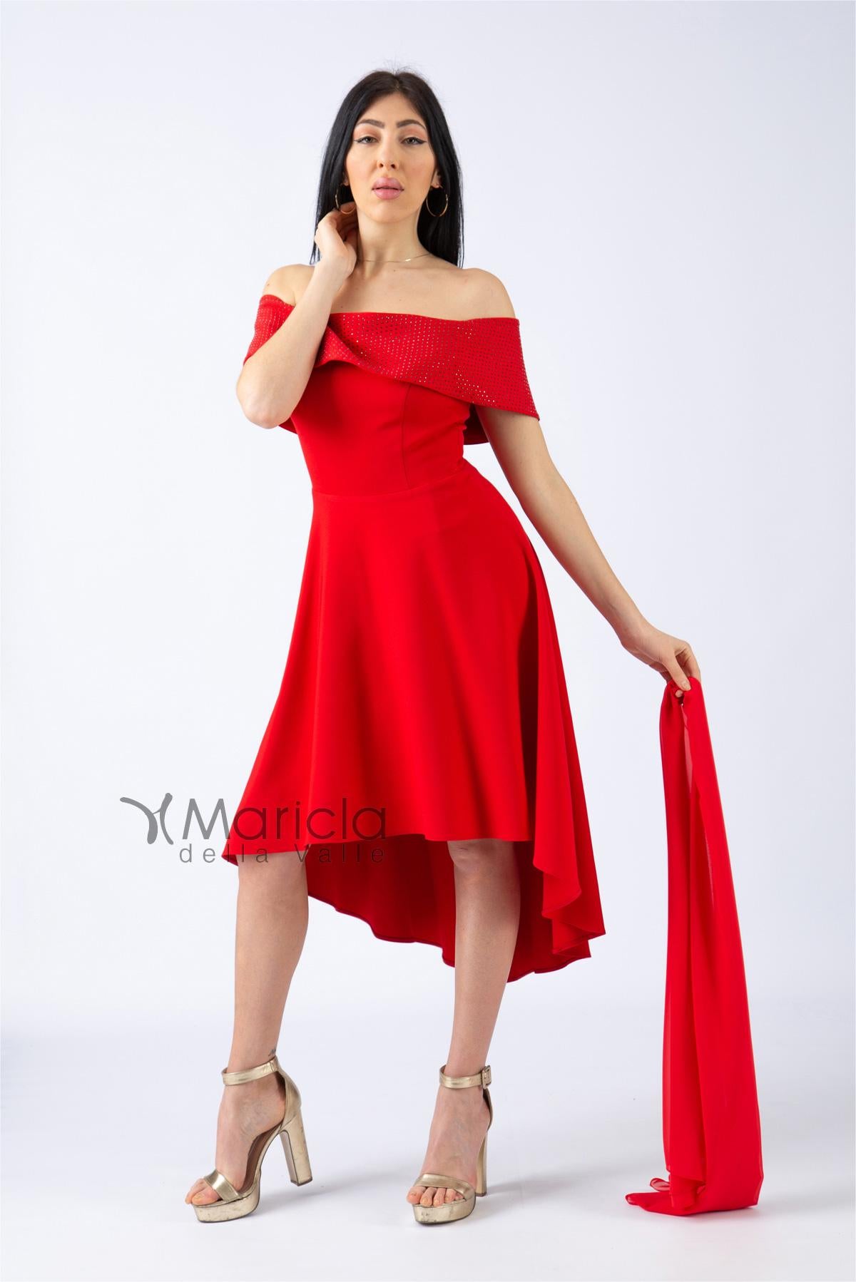Abito rosso con scollo a barca e strass JC34363 ROSSO MARICLA ELEGANCE 
