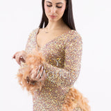 abito manica lunga piume e paiette SS23126 ORO MARICLA ELEGANCE 