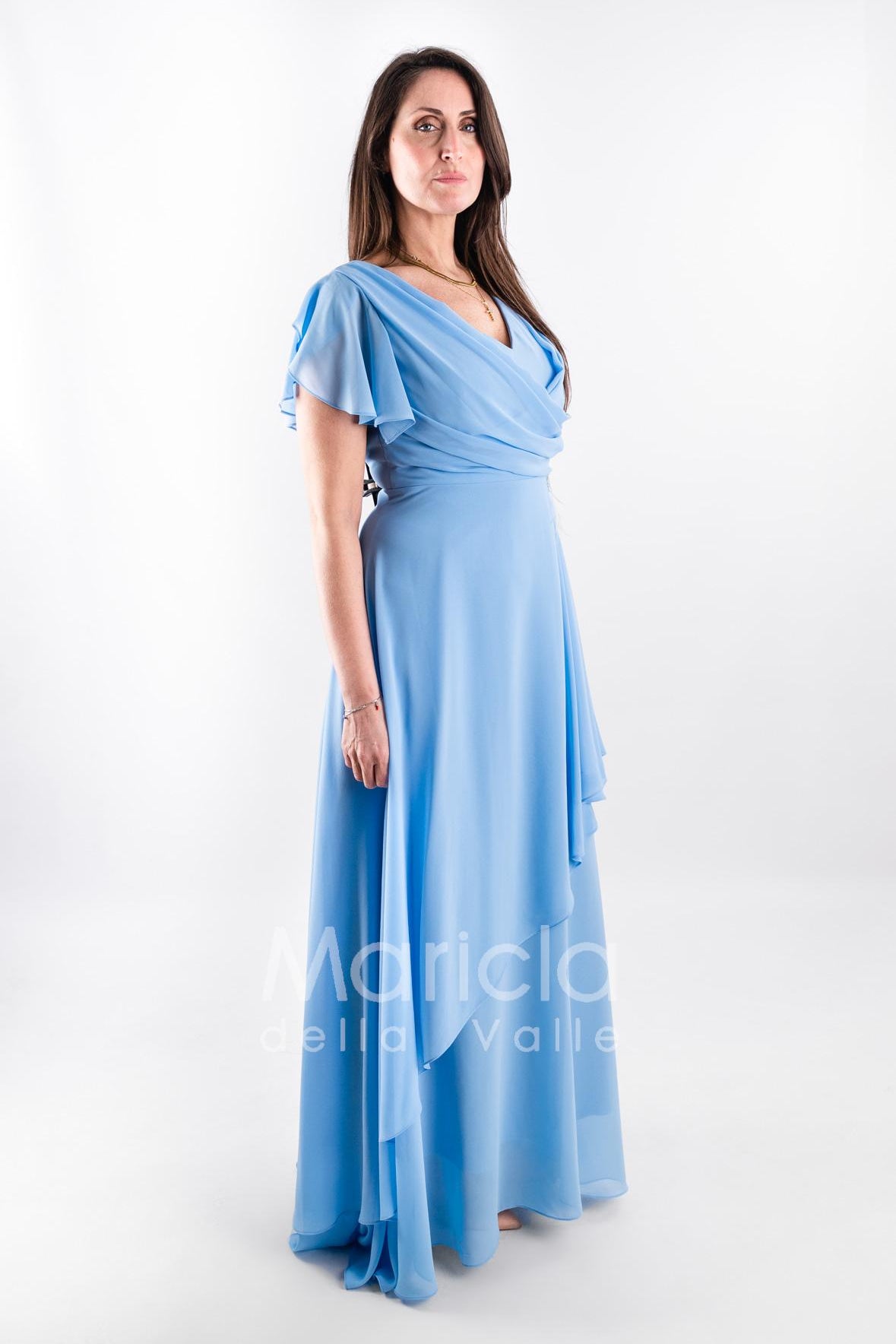 abito lungo chiffon con spilla gioiello JC35164 CELESTE MARICLA ELEGANCE 