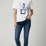 T-shirt Bi-materiale con Grafica Geometrica e Floreale CF50101 BIANCO CARLA FERRONI 