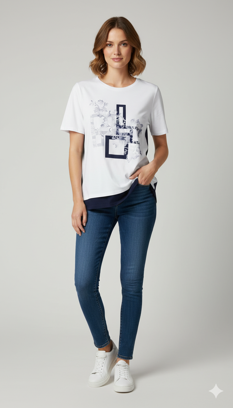 T-shirt Bi-materiale con Grafica Geometrica e Floreale CF50101 BIANCO CARLA FERRONI 