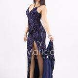 Abito lungo a sirena con paillettes e strascico PF8065F BLU MARICLA ELEGANCE 