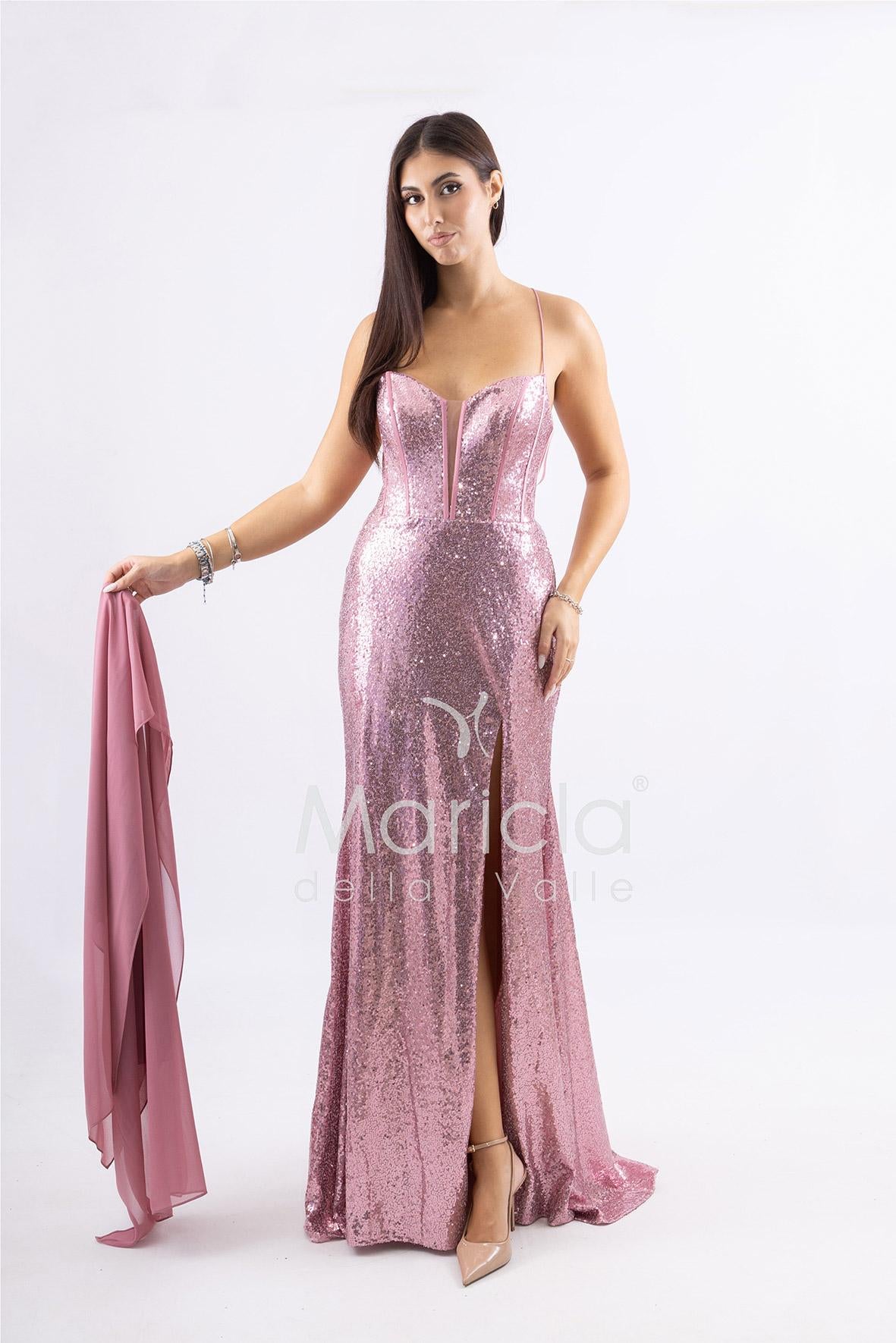 Abito a sirena lungo con micropaillettes <BR/> JC35336 ROSA MARICLA ELEGANCE 