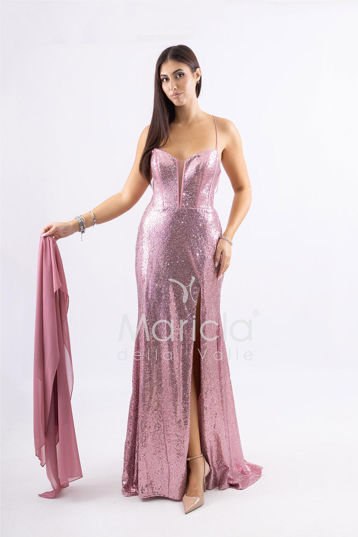 Abito a sirena lungo con micropaillettes <BR/> JC35336 ROSA MARICLA ELEGANCE 