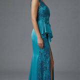 abito con fiore laterale e strass LH210AL PETROLIO LUDOVICA HASSLER 