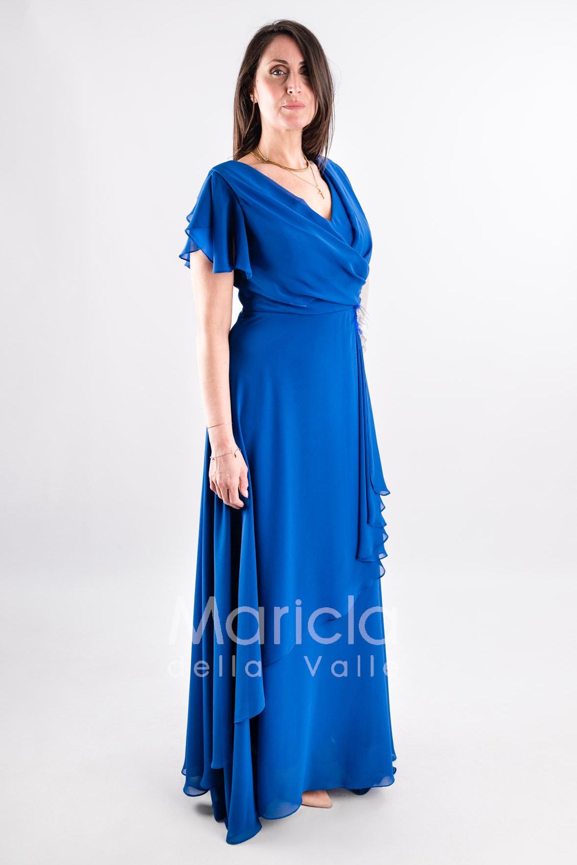 abito lungo chiffon con spilla gioiello JC35164 ROYAL MARICLA ELEGANCE 